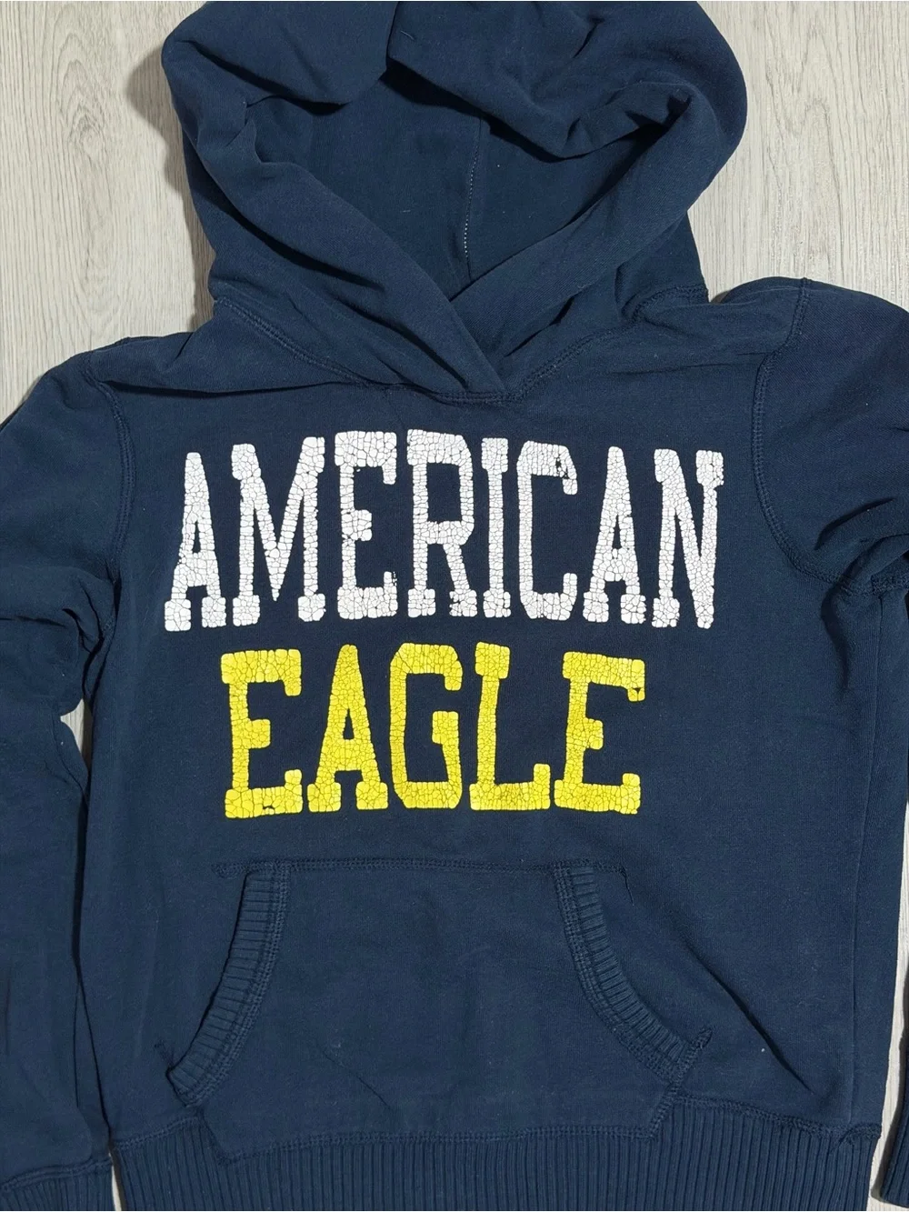 American Eagle Outfitters Navy Pullover Hoodie with White & Yellow Logo